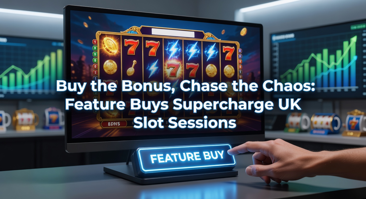 Dynamic slot interface highlighting a glowing 'Buy Feature' option amid swirling chaos reels and multiplier explosions