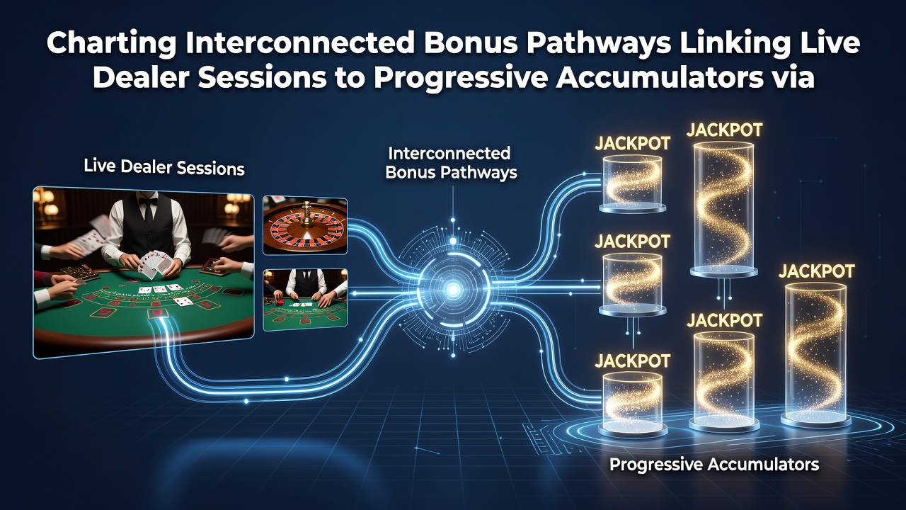 Flowchart showing live dealer data routing through verification tiers into progressive jackpot accumulators