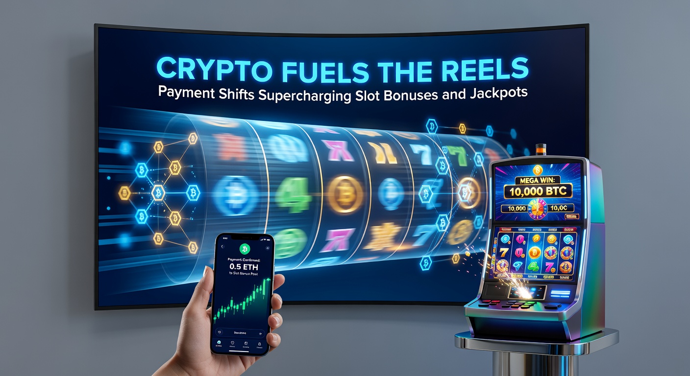 Dynamic graphic of a slot machine jackpot bursting with crypto icons, Bitcoin raining down alongside bonus wheels and multiplier symbols