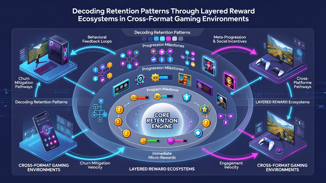 Diagram showing retention metrics and player progression across different gaming formats with reward layer overlays