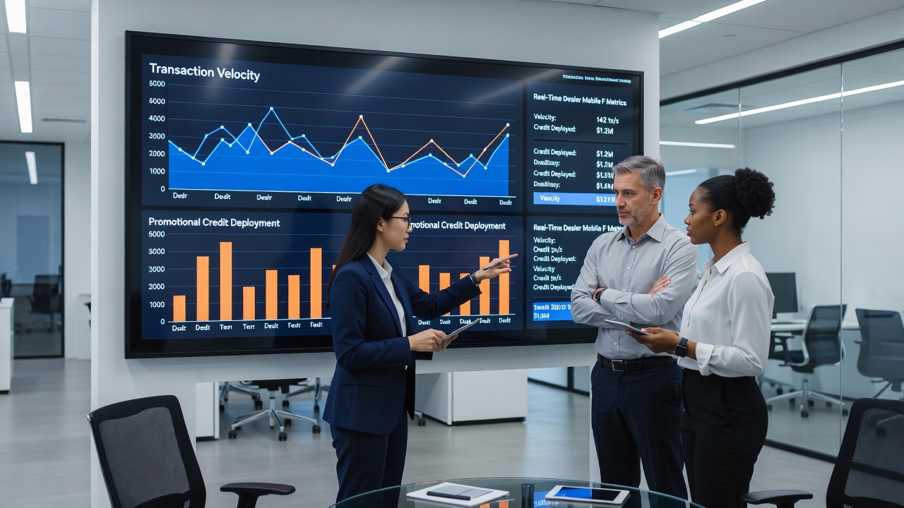 Dashboard view of transaction velocity analytics influencing promotional credit timing in mobile dealer applications