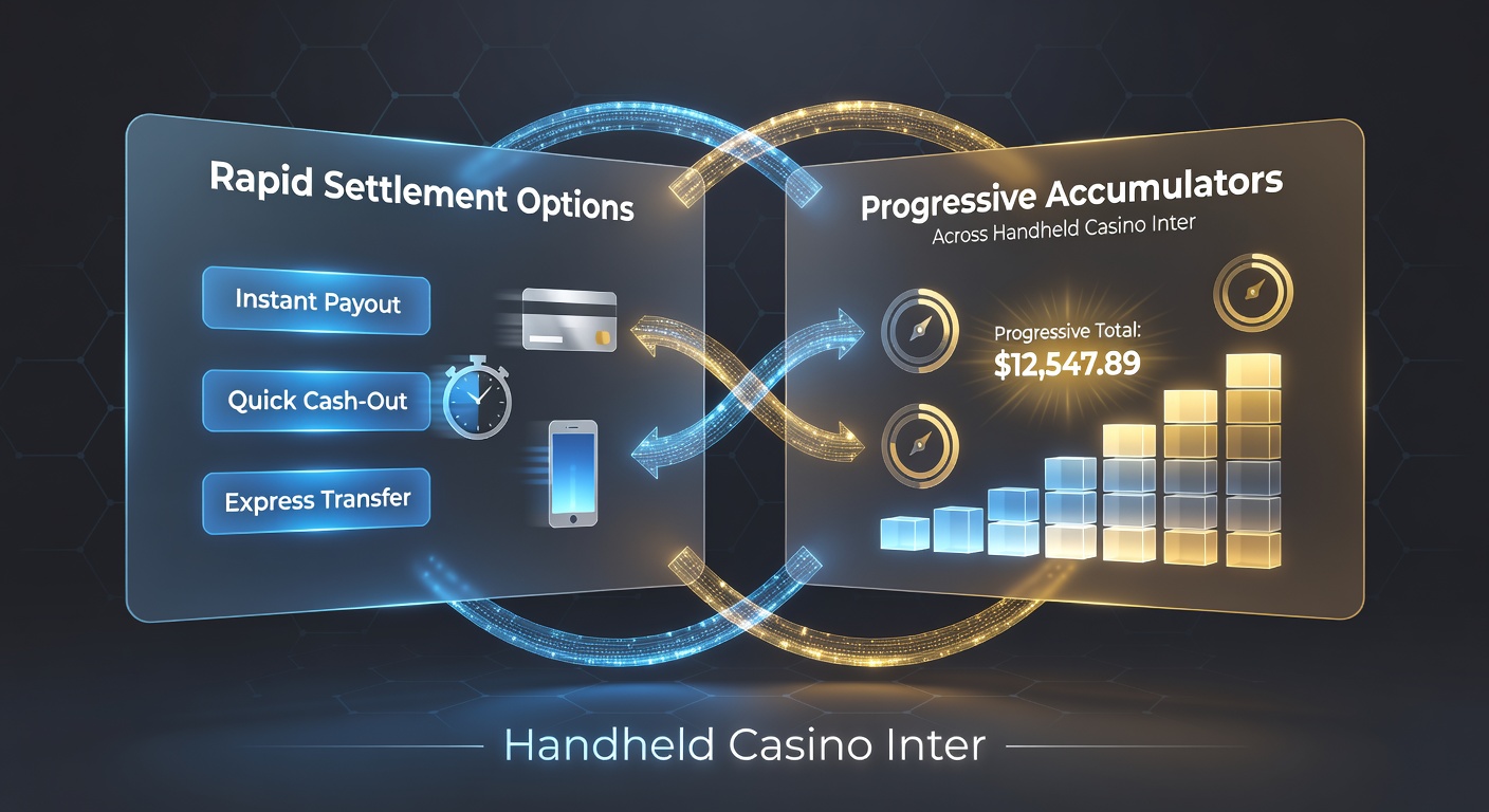 Close-up of handheld device showing casino dashboard with progressive jackpot tracker and settlement status indicators