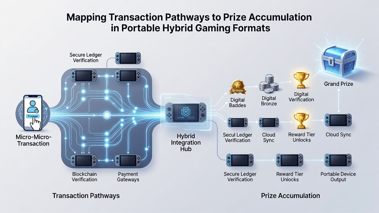 Illustration of mobile device interface displaying real-time prize accumulation from hybrid game transactions
