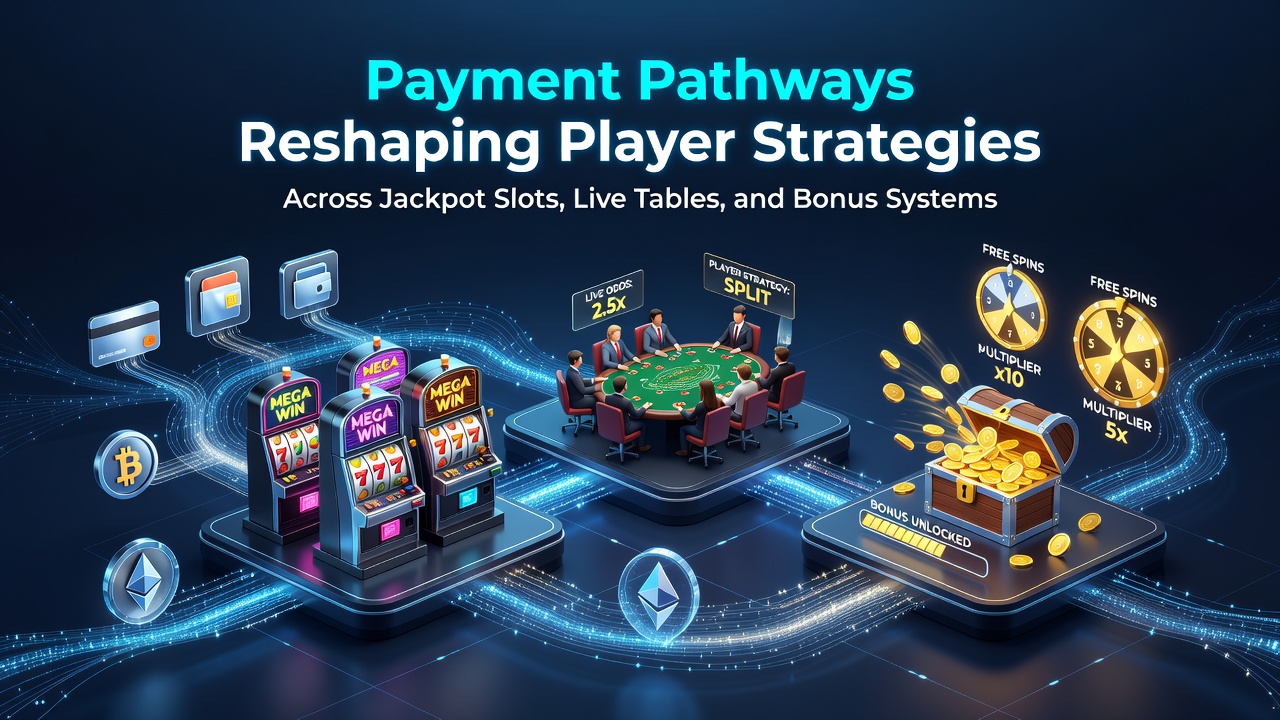 Illustration of seamless payment pathways connecting jackpot slots, live dealer tables, and bonus reward systems in online gaming environments