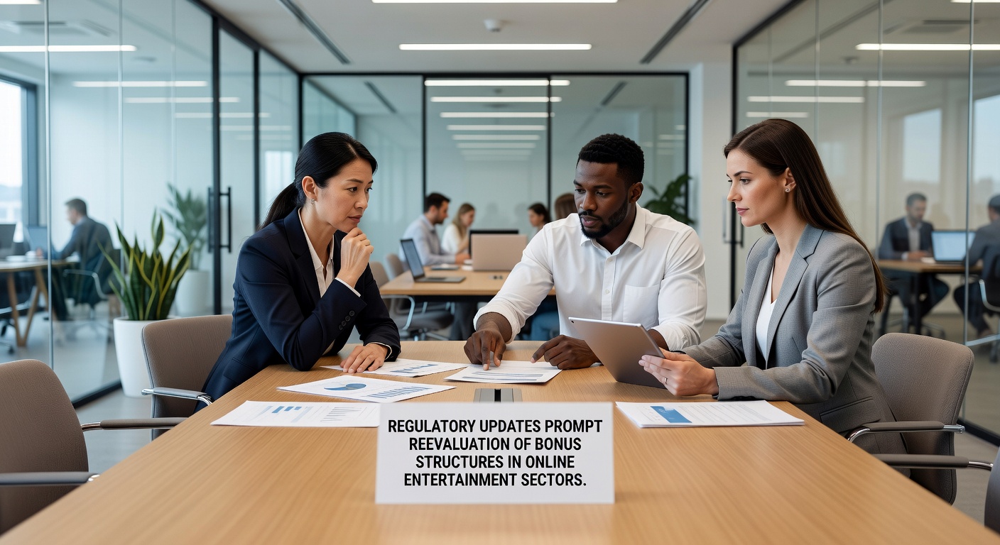 Team of analysts reviewing updated compliance guidelines on multiple screens in an office setting