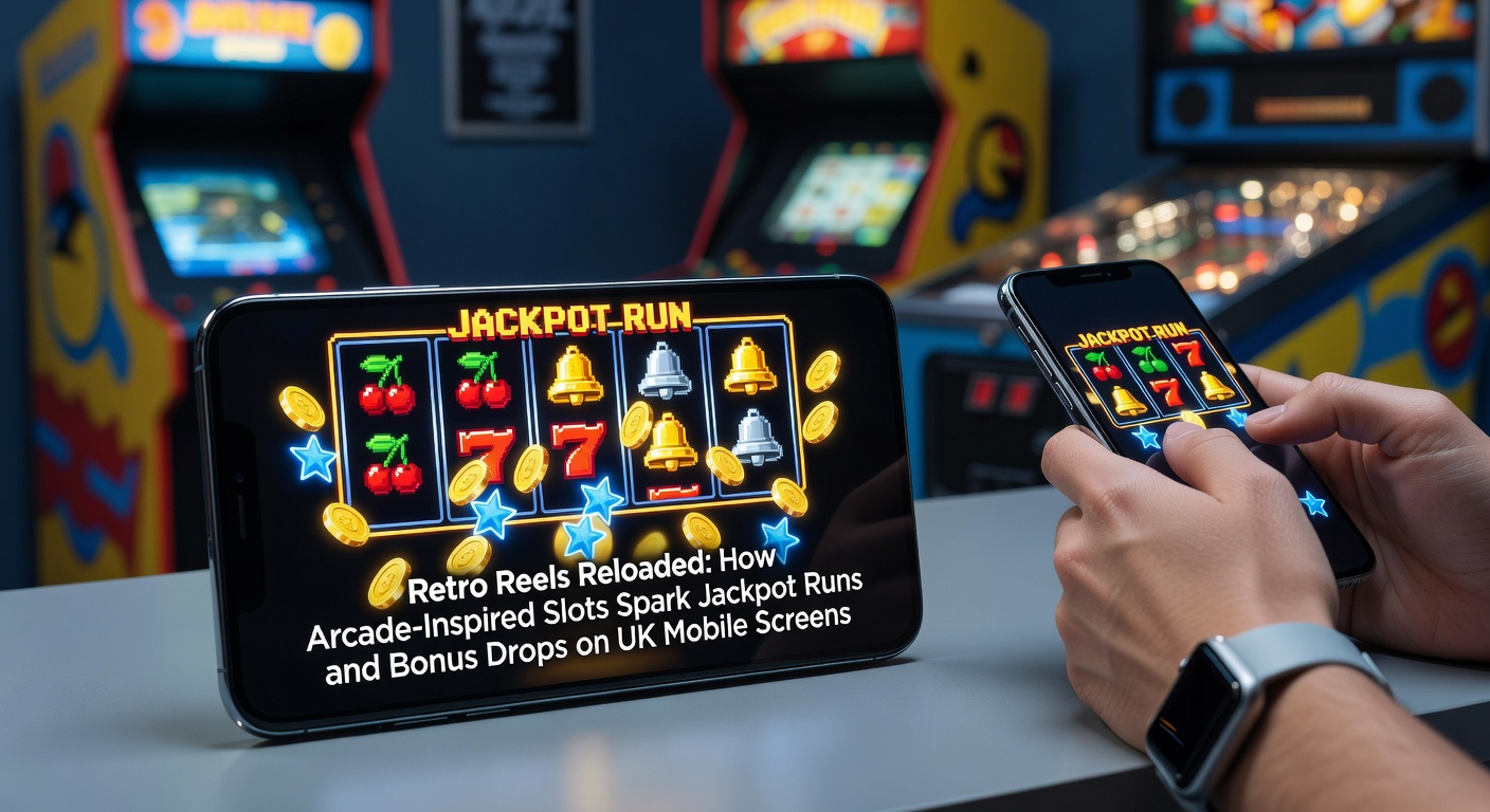 Vibrant retro arcade slot machine on a mobile screen, featuring classic pixelated reels with jackpot symbols exploding in neon lights