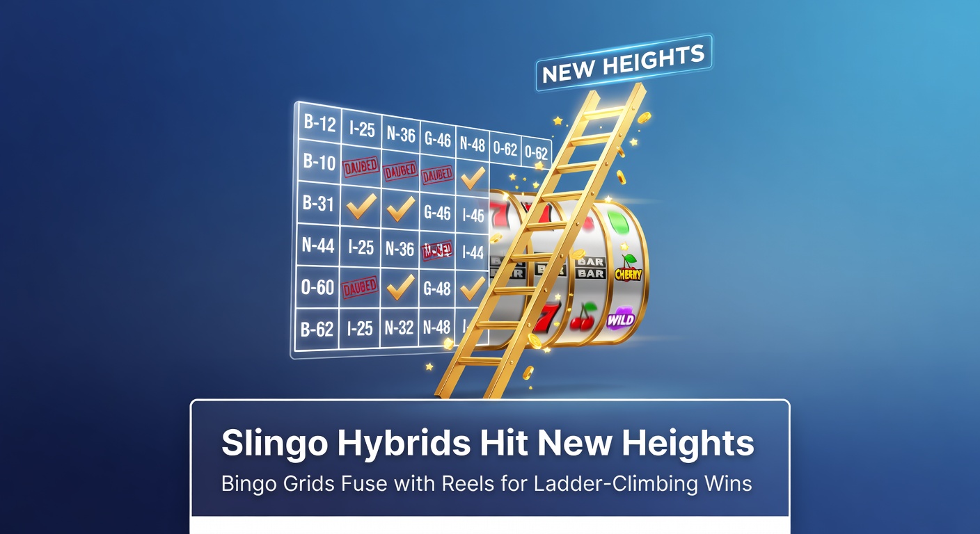 Vibrant Slingo hybrid game screen displaying a 5x5 bingo grid alongside spinning slot reels and a glowing ladder bonus trail