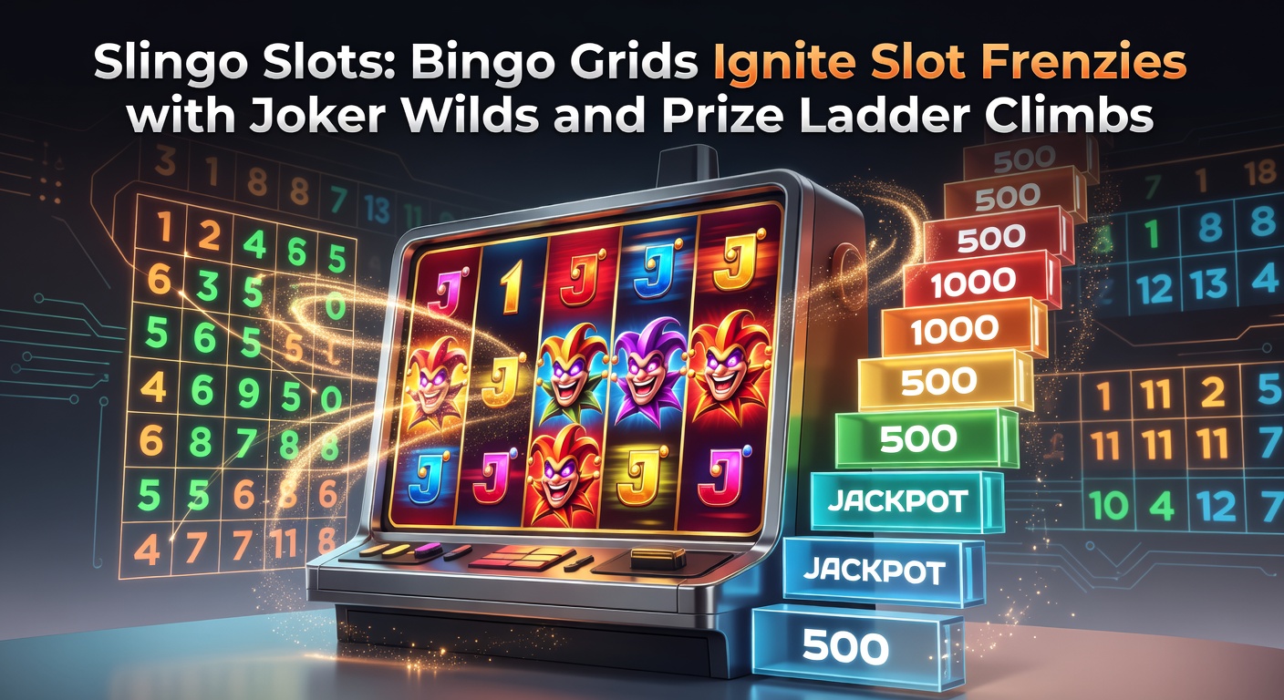 Vibrant Slingo slot screen showing a 5x5 bingo grid filled with numbers, joker wilds, and a glowing prize ladder on the side