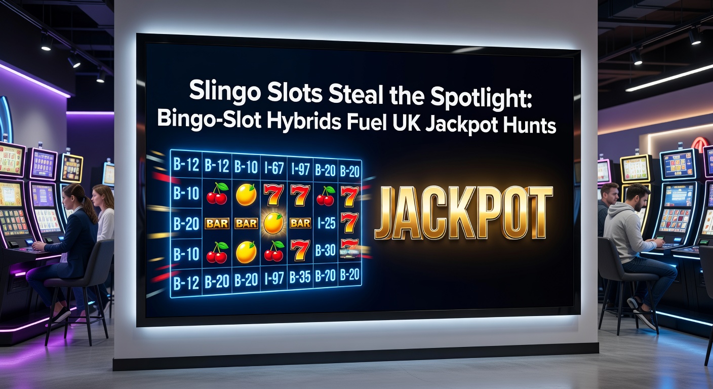 Vibrant Slingo slot screen showing spinning reels blended with bingo cards and glowing jackpot meters