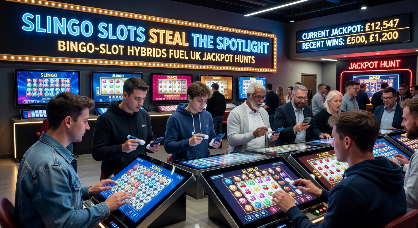 Close-up of a Slingo jackpot win celebration with exploding coins, bingo lines lit up, and slot reels aligning for a massive payout