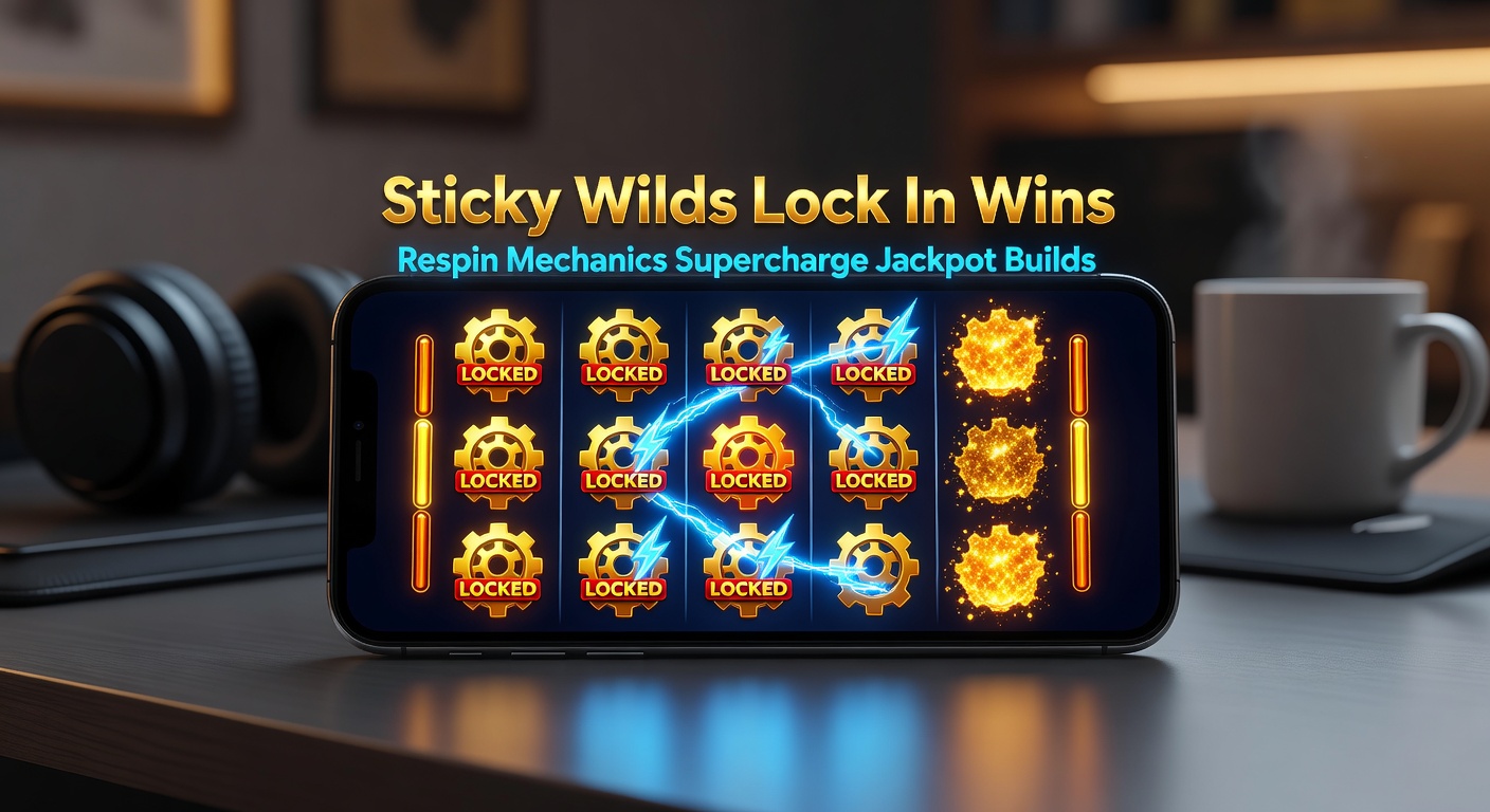 Vibrant mobile slot screen showing sticky wild symbols locking wins during a respin sequence, with jackpot meter climbing rapidly