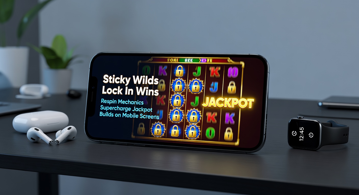 Close-up of a jackpot wheel triggered by sticky wild respins on a smartphone, with coins and multipliers exploding across the interface