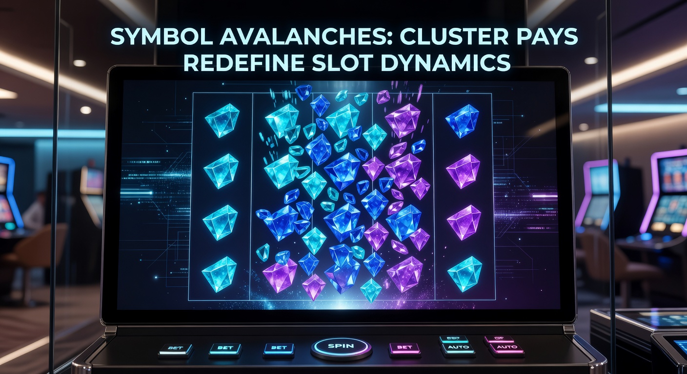 Dynamic cluster pay grid with glowing symbol groups cascading down, multipliers building in the background