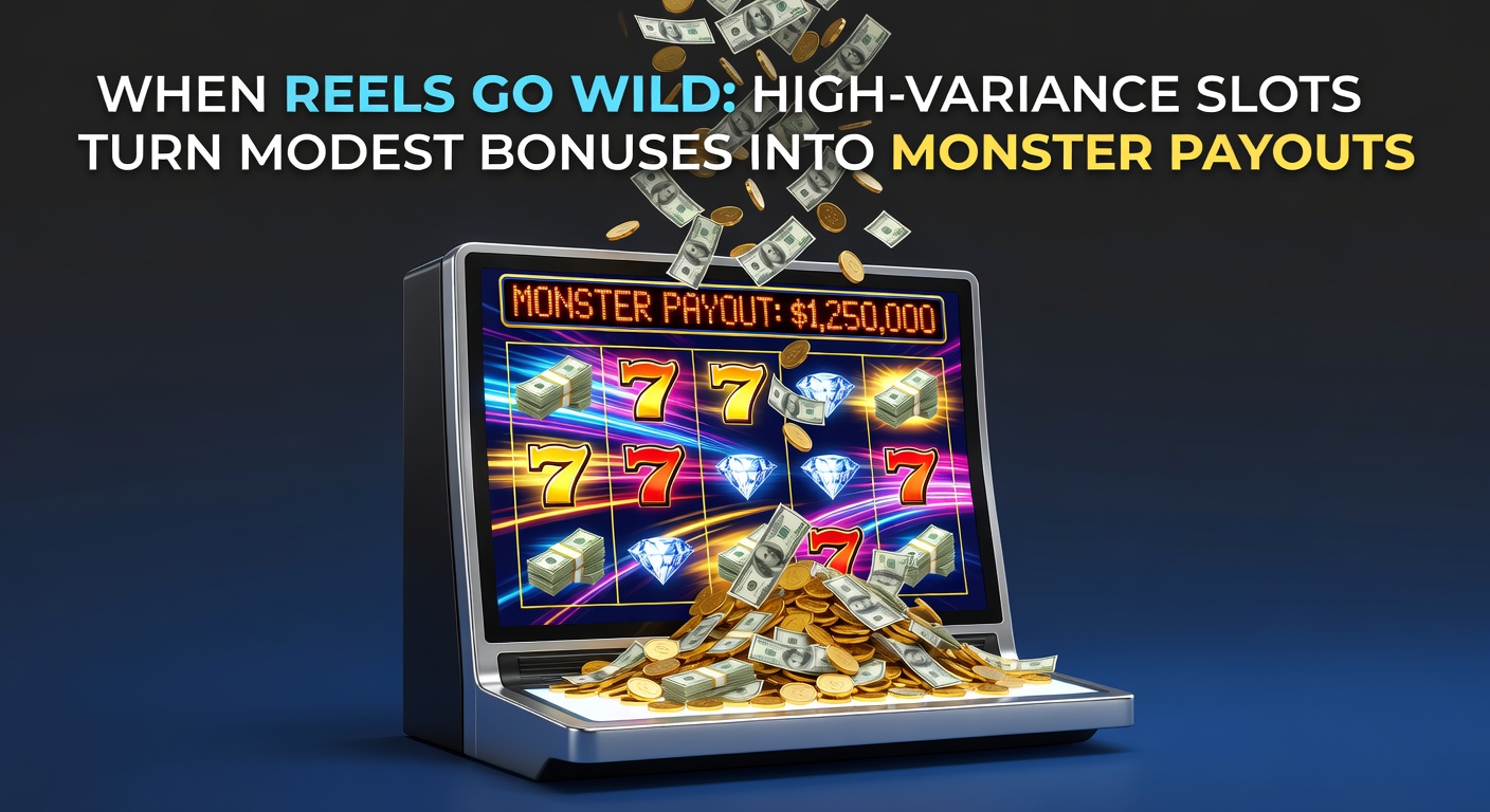 Vibrant slot reels spinning with exploding bonus symbols and cascading coins illustrating high-variance action